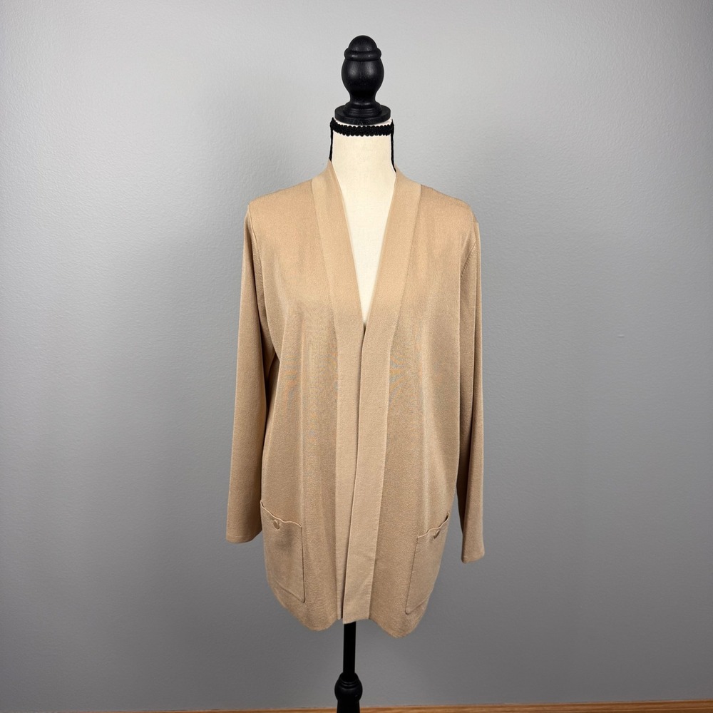 Anne Klein Cardigan Sweater Women Large Tan New Open Front Pocket Knit Layer